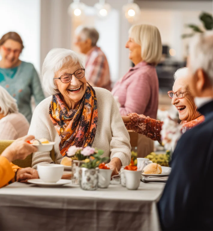 A group of elderly people is smiling and chatting over afternoon tea at a table filled with cups and plates, enjoying the bright, social setting of their care home.